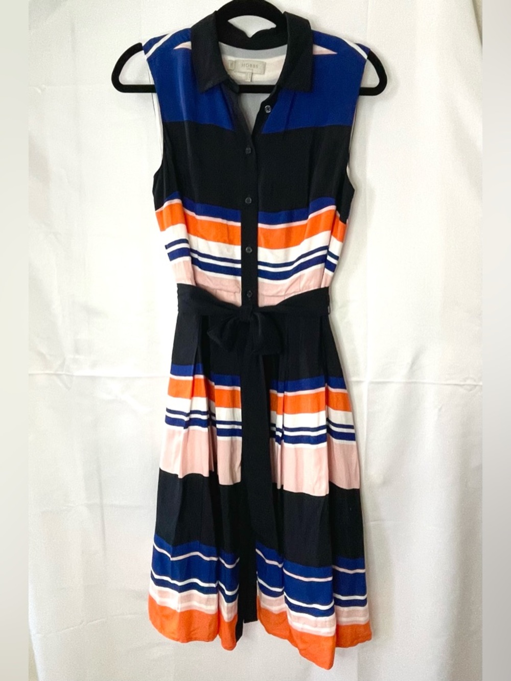 Hobbs London Striped Shirt Dress – Pleated Skirt – Belted – Size US 6 / UK 10